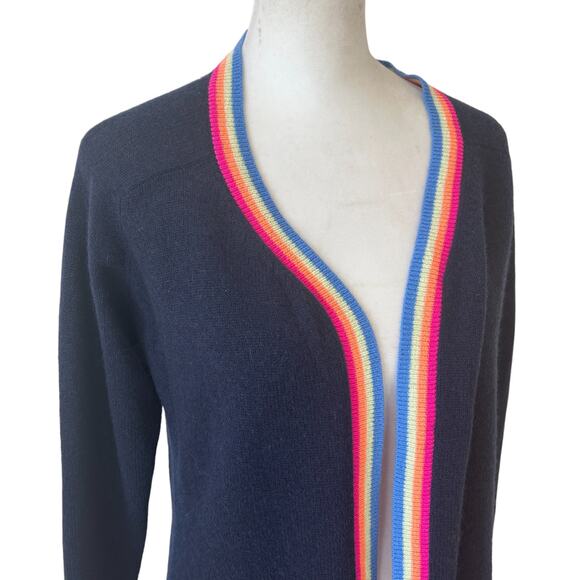 Hannah Rose NWT Navy Blue Rainbow Trim Cashmere Cardigan Womens Size Small NEW - Picture 2 of 6